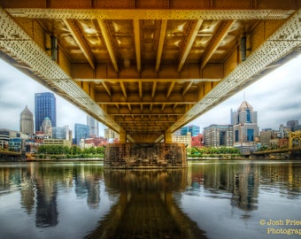 Pittsburgh Landscape Photograph Under the Andy Warhol Bridge  Pittsburgh Skyline Allegheny River Reflection Photograph Pennsylvania Print