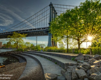 Manhattan Bridge Sunrise New York City Photograph Brooklyn DUMBO NYC Photography Brooklyn Bridge Park Pebble Beach Sunburst Hudson River