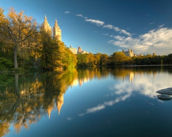 The Lake in Autumn, Landscape Photograph, Central Park, New York City, Manhattan, Reflection, Blue, Nature, Color Photography, Art Print