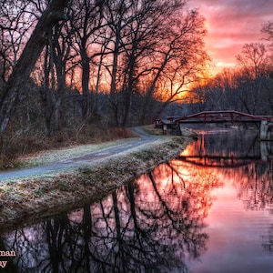 Delaware Canal and Towpath Sunrise Photograph Reflection Bucks County Pennsylvania Path Bridge Trees Nature Photography Pink Orange Sky Zen