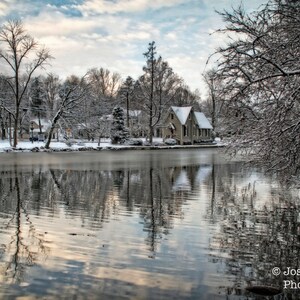 Lake Afton Winter Landscape Photograph Snow Old Library Yardley Bucks County Pennsylvania Trees Reflection Pond Print