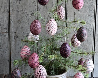 Rustic Hanging Fabric Easter Egg Ornaments in Pinks, Browns, and Whites, Set of 8