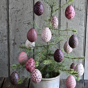Rustic Hanging Fabric Easter Egg Ornaments in Pinks, Browns, and Whites, Set of 8