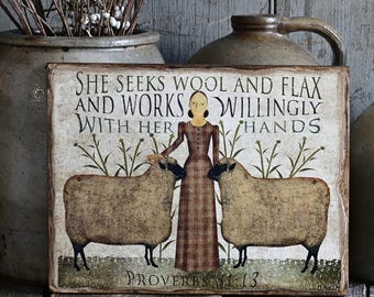Primitive Folk Art Wooden Sign, Sheep Proverbs 31:13 Wall Decor