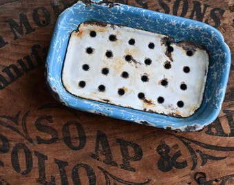 Porte-savon vintage bleu et blanc en émail avec égouttoir économiseur de savon