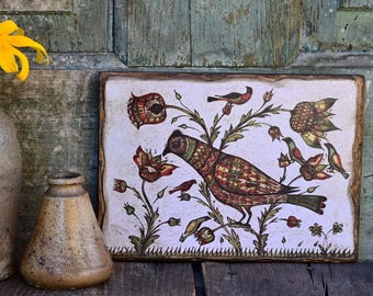 Décoration murale en bois représentant un oiseau d'art populaire primitif, plaque imprimée Fraktur allemande, 5 x 7