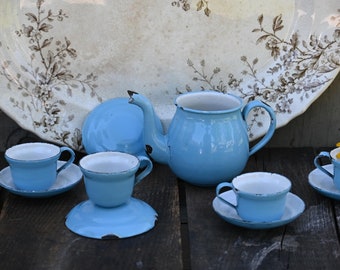 Vintage Blue Enamelware Toy Dishes Tea Set, 10 Piece Set