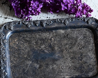 Vintage Tarnished Sliver Tray, Small Serving Platter with Ornate Embossed Grapes and Etched Flowers, English Reproduction