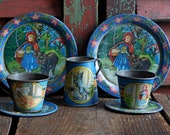 Antique Litho Toy Dishes, Little Red Riding Hood Toy Dishes, Ohio Art Toy Tea Set, 7 Piece Set