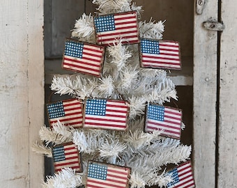 Rustic Americana Flag Ornaments, Stars and Stripes, Primitive Hanging Wooden Flags