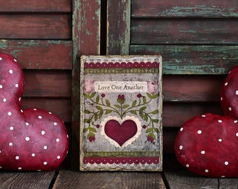 Art primitif d'enseigne suspendue pour la Saint-Valentin, coeur en bois imprimé, décoration art populaire pour la Saint-Valentin