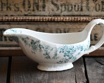 Vintage Transferware Gravy Boat with Teal Flowers, Semi Porcelain English Serving Dishes