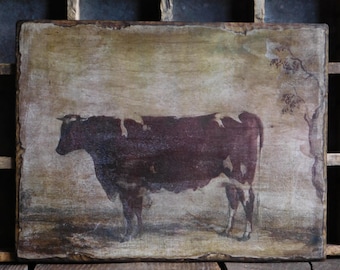 Primitive Wooden Cow Steer Picture Print Sign, Antiqued Wall Art Hanging