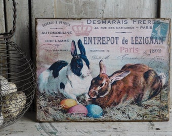 Primitive French Easter Rabbit Art Picture Print Sign, Wooden Easter Bunny Decoration Wall Hanging