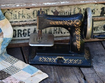 Antique Bing Toy Sewing Machine, Hand Crank Black Cast Iron Miniature Sewing Machine