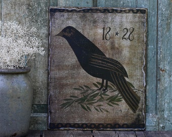 Handmade Folk Art Primitive Crow Sign, Rustic Country Crow Picture Plaque