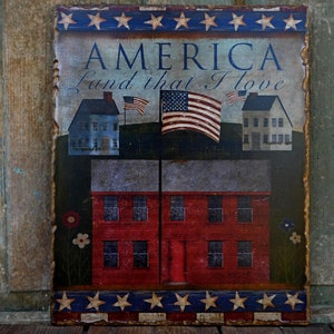 Primitive Folk Art Stars and Stripes Americana Flag Picture Art Hanging, Colonial Salt Box Houses Painting Wooden Wall Sign