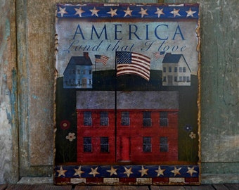 Primitive Folk Art Stars and Stripes Americana Flag Picture Art Hanging, Colonial Salt Box Houses Painting Wooden Wall Sign