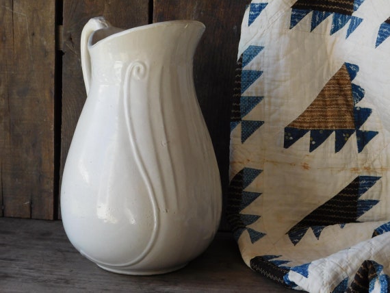 Antique White Stoneware Water Pitcher, Country Farmhouse Wash Pitcher, White Pottery Jug