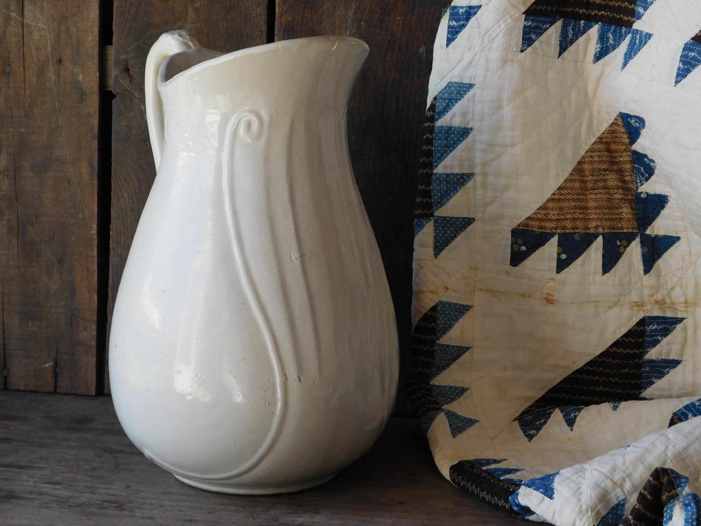 Antique White Stoneware Water Pitcher, Country Farmhouse Wash Pottery Jug