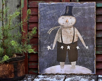 Large Folk Art Snowman Wooden Wall Sign, Country Christmas and Winter Decoration