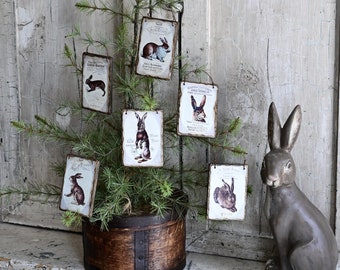 Lot de 6 décorations de lapin en bois rustiques à suspendre pour une décoration d'arbre de Pâques