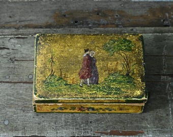Antique Hand Painted Colonial Style Wooden Box, Keepsake Box, George Washington and Martha