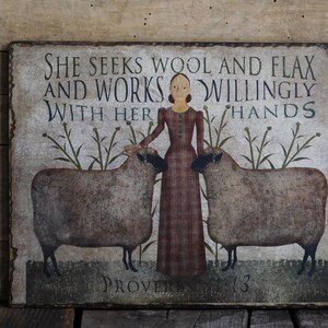 Primitive Folk Art Wooden Wall Hanging Sign "She Seeks Wool and Flax" with Sheep, Proverbs 31:13