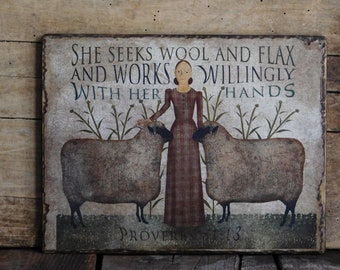 Primitive Folk Art Wooden Wall Hanging Sign "She Seeks Wool and Flax" with Sheep, Proverbs 31:13