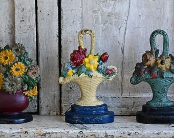 Vintage Cast Iron Flower Basket Doorstop, Hubley Statue, Hand Painted Yellow Basket with Flowers