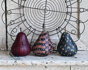 Primitive Americana Pear Bowl Fillers, Sold in Sets of 3 Pears, Patriotic Folk Art, Memorial Day, Summer, Fourth of July Decoration