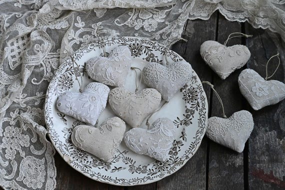 Antique Lace Heart Valentine Ornaments, Set of 6 Hanging Heart Tree Ornies