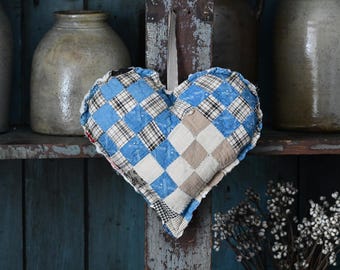 Courtepointe antique en forme de coeur suspendu, bleu, blanc, marron courtepointe en patchwork