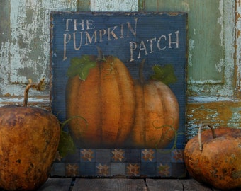 Primitive Folk Art Pumpkin Patch Wall Hanging Wooden Sign