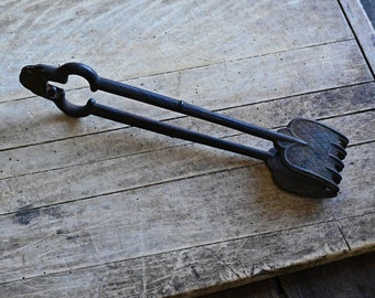 Primitive Antique Cast Iron Coal Tongs, Rust Iron Stove Fireplace Tools and Utensils