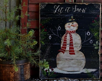 Rustic Christmas Snowman Wooden Plaque Sign
