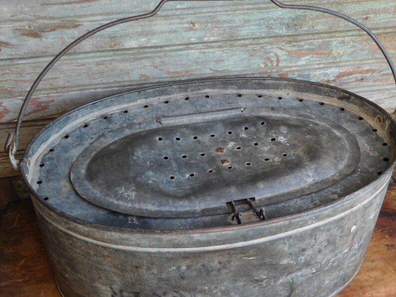 Vintage Galvanized Oval Minnow Bait Bucket Van Camp Minnow Etsy