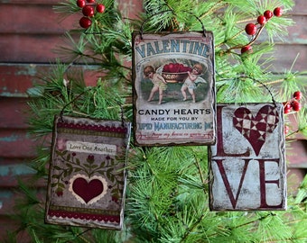 Wooden Primitive Valentine Heart Ornaments, 3.5 x 5, Set of 3