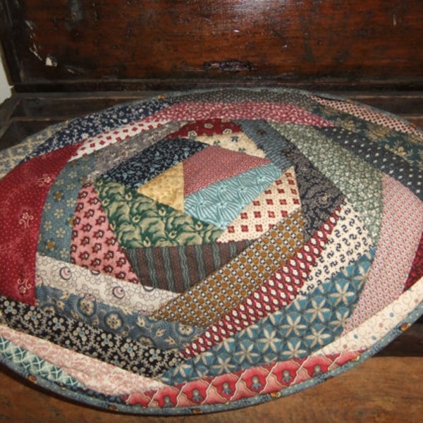 Primitive Oval Crazy Quilted Table Topper   Hand Quilted