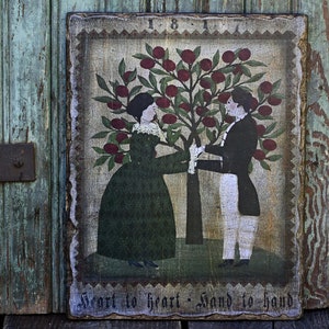 Handmade Primitive Colonial Folk Art Picture, Antiqued Colonial Lovers Wall Hanging