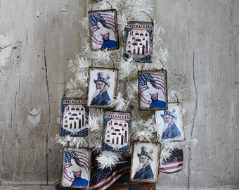 Primitive Americana Lady Liberty, Uncle Sam and Antique Firecracker Advertisement Hanging Ornaments, Stars and Stripes Flag, Set of 6