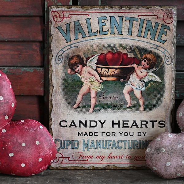 Primitive Valentine Sign, Wooden Cupid and Hearts Candy Picture