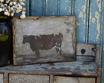 Rustic Wooden Cow Steer Picture Print, Wall Art Hanging or Cupboard Tuck