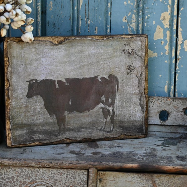 Rustic Wooden Cow Steer Picture Print, Wall Art Hanging or Cupboard Tuck