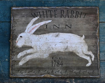 Grande enseigne en bois rustique faite main de lapin de Pâques, enseigne de commerce d'auberge de lapin blanc d'art populaire primitif