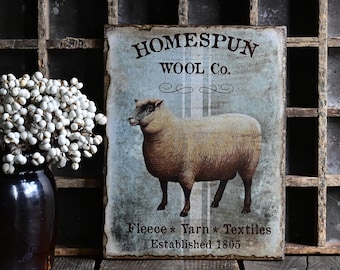 Rustic Homespun Sheep Wool Co. Wooden Sign Art Wall Hanging