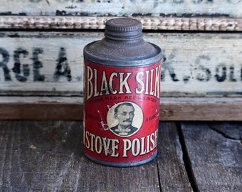 Antique Red Black Silk Stove Polish Tin, Rustic Antique Cleaning Supplies