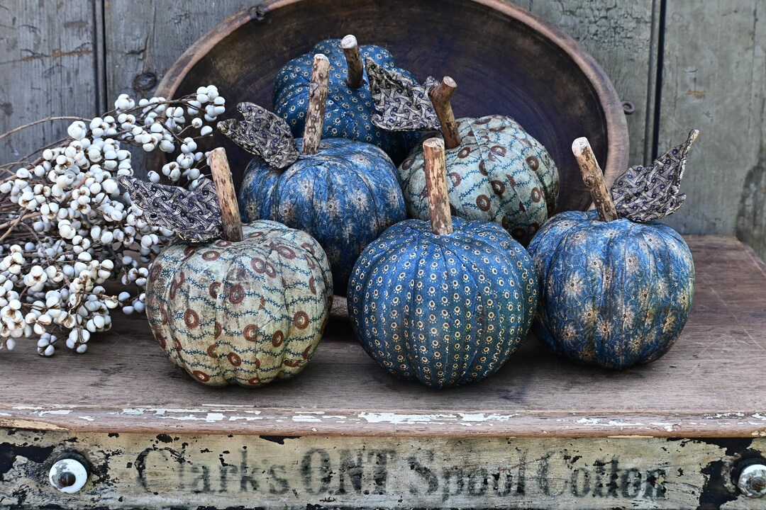 Primitive Blue Pumpkin Bowl Fillers and Tucks, Set of 3 Fabric Pumpkins ...
