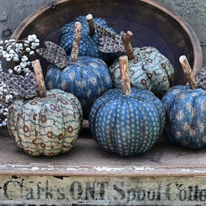 Primitive Blue Pumpkin Bowl Fillers and Tucks, Set of 3 Fabric Pumpkins, Fall Decoration