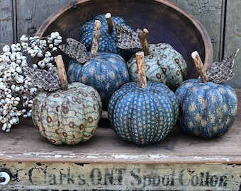 Primitive Blue Pumpkin Bowl Fillers and Tucks, Set of 3 Fabric Pumpkins, Fall Decoration